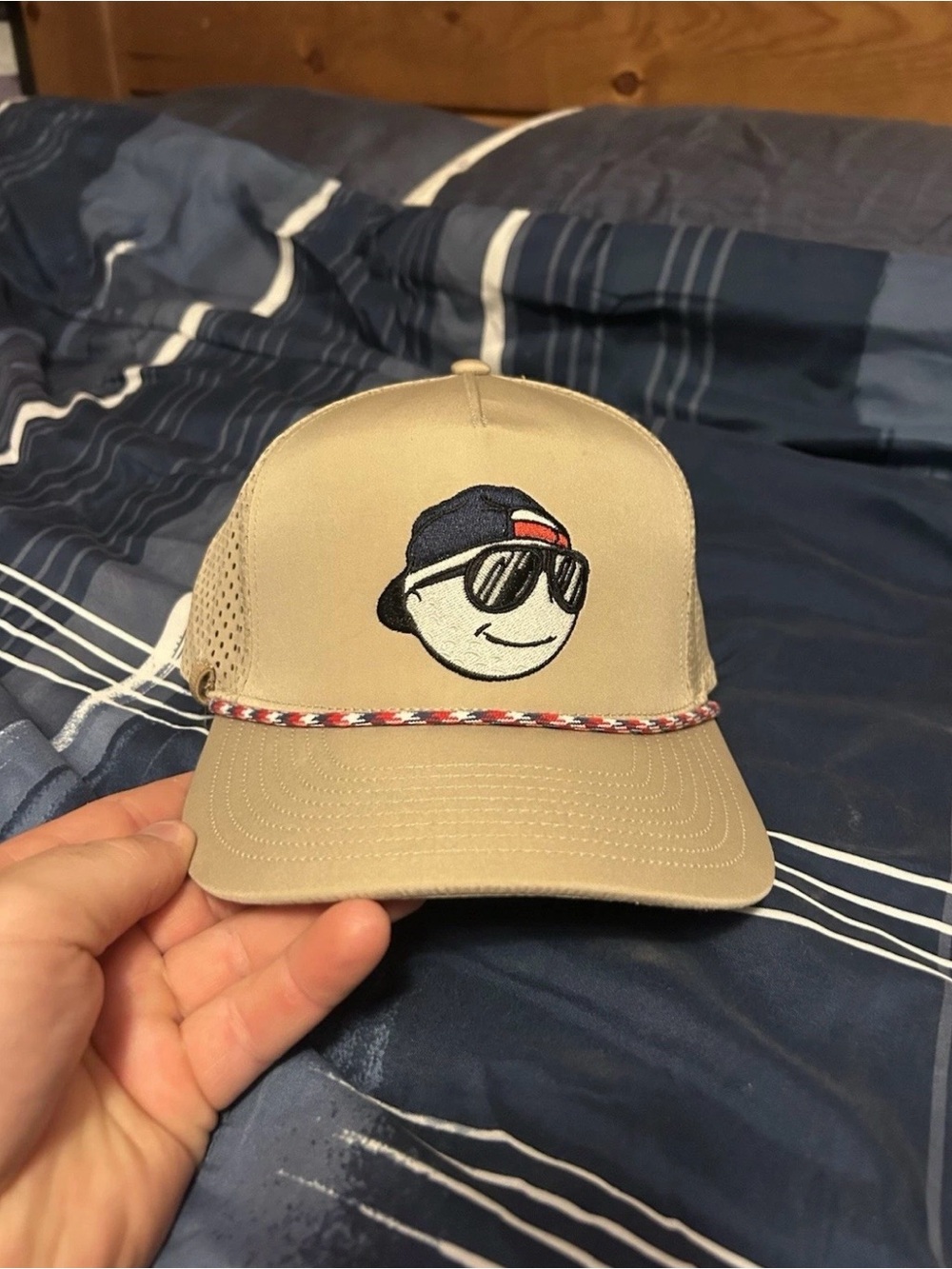The Southern Shirt Company Khaki Trucker Hat with Sunglasses Smiley Patch